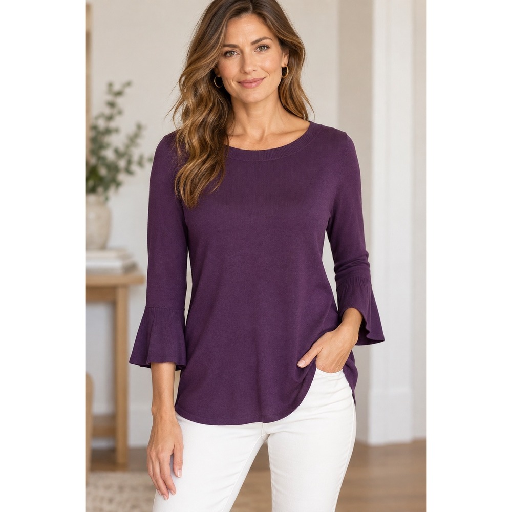 41 Hawthorn Purple 3/4 Bell Sleeve Knit Sweater Boat Neck Plum Large NWT